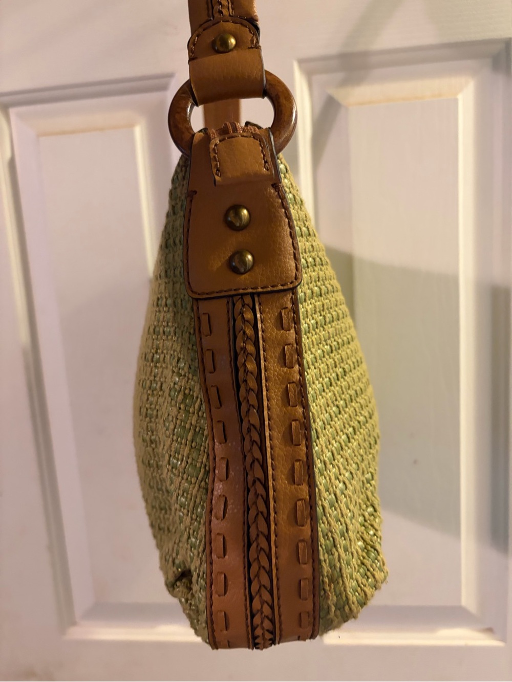 Fossil Green Woven Shoulder Bag with Tan Trim - Picture 4 of 6